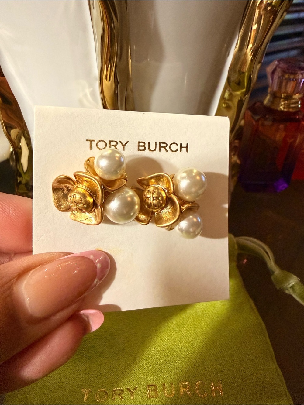 Tory Burch Gold Floral Pearl Cluster Earrings with Faux Pearls
